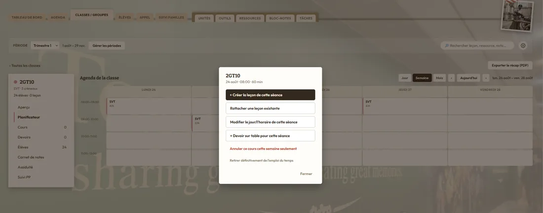 Vue détaillée d'une classe avec agenda et actions rapides dans ProfOrganise